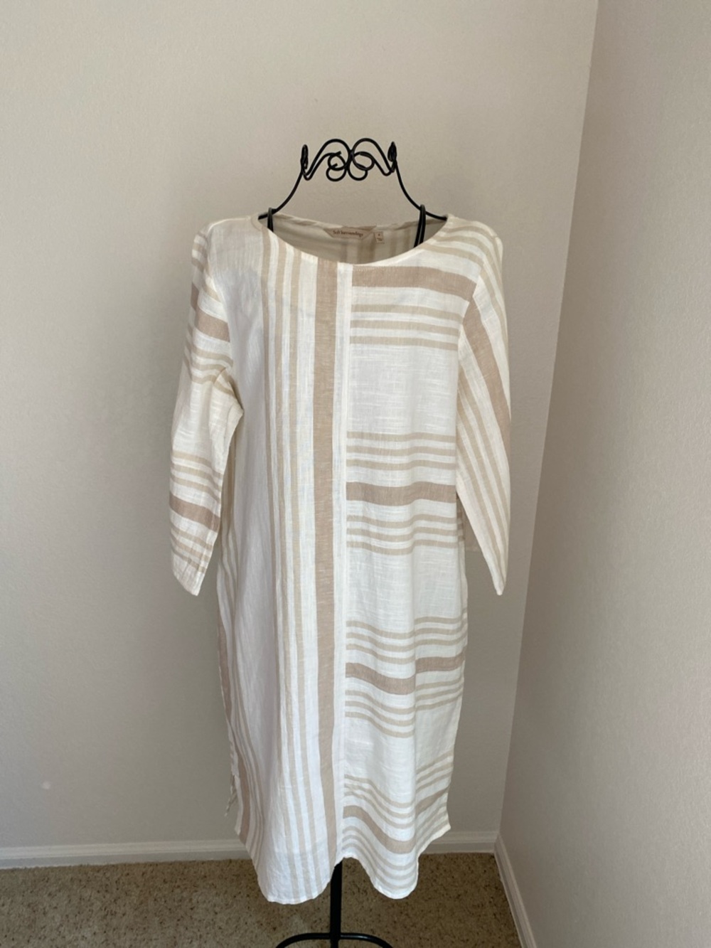 Soft Surroundings Cream & White Striped Linen Midi Dress